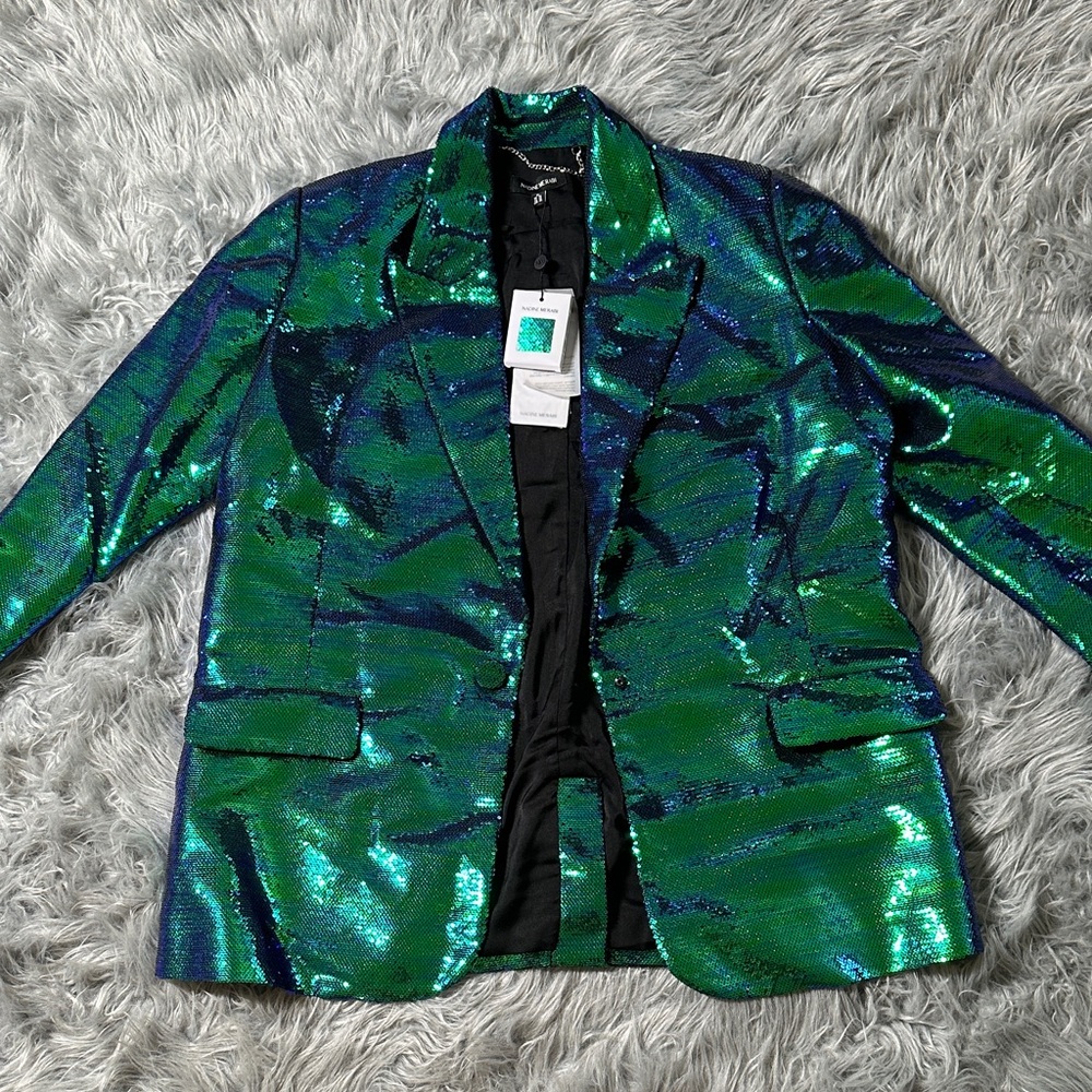 NADINE MERABI Iridescent Green and Blue Sequin Blazer